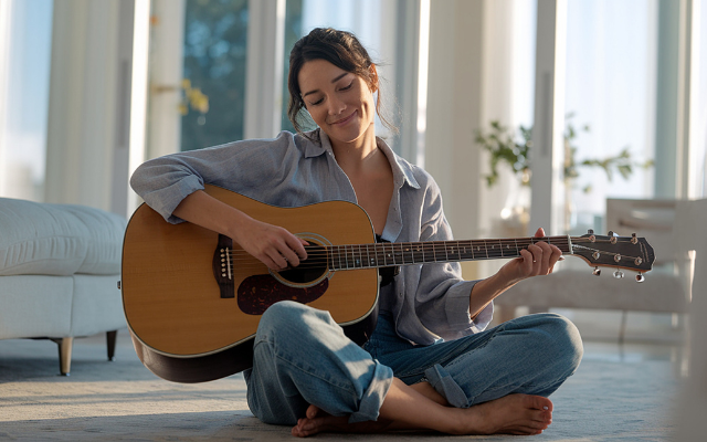 Woman sitting on floor playing guitar